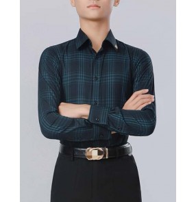 Men's latin dance shirts youth Green Blue Plaid Salsa rumba chacha dance tops Party Dancing clothes for man